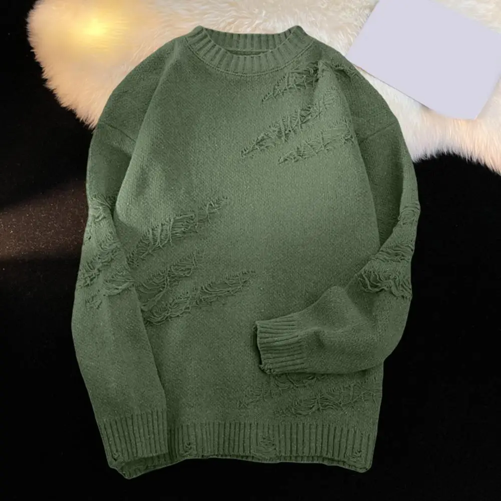 Men Sweater Men's Vintage Hip Hop Knitted Sweater with Ripped Detailing Elastic Warmth Stylish Fall Winter Pullover for High