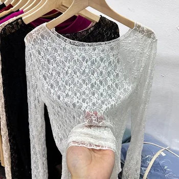 Women's Sexy Lace T-Shirt Slash Neck See Through Transparent Flower Design Slim-Fit Long Sleeve Tees Spring Summer Pullover 1