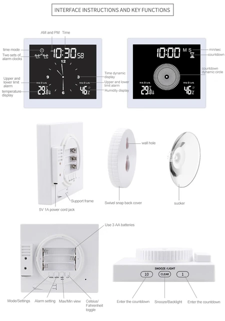 Jam Kamar Mandi Digital Termometer Higrometer IP65 Tahan Air Jam
