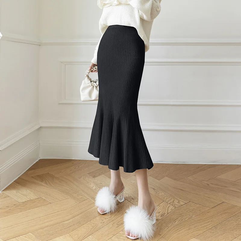 Women's 4- Knitted 2024 Autumn New Korean Style Solid Color Slim-Fit Fishtail Sheath Flounced Skirt