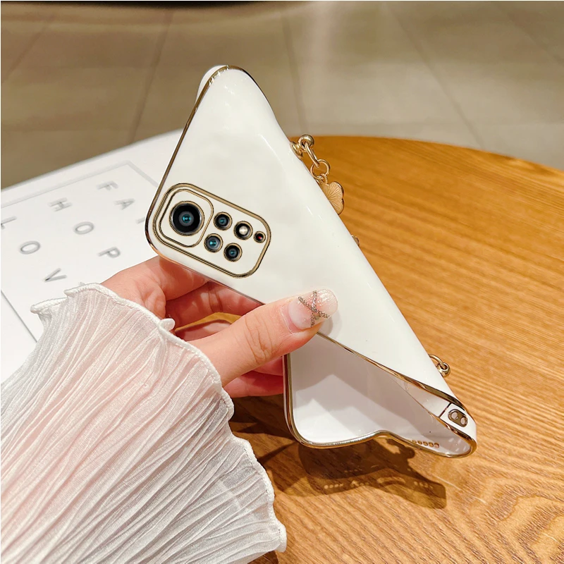 Coque de téléphone plaquée avec support de Bracelet ours, étui avec chaîne de poignet pour Xiaomi Note 11 8 12 10 Pro Max 8T 11s 7 Redmi 9 9A 9T 9C_voghion.com