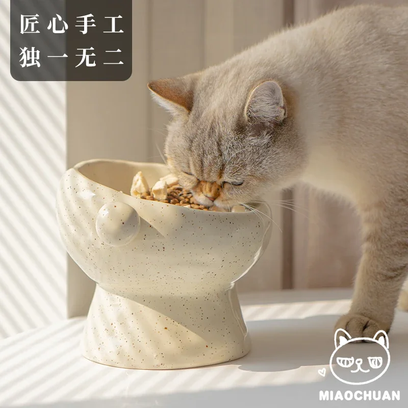 Handmade cat bowl Ceramic cat food basin High foot oblique mouth Protection cervical spine Anti-knock large diameter