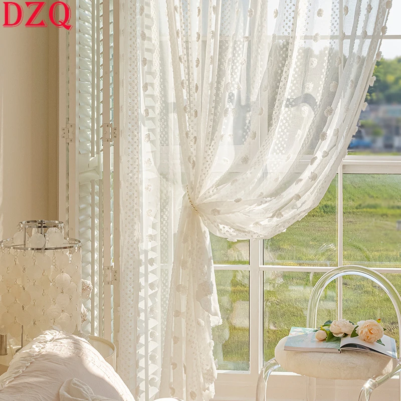 

Французские элегантные тюлевые занавески с белым помпоном, занавески для гостиной в стиле ретро с вышивкой, занавески для балкона, свадебные занавески # A199