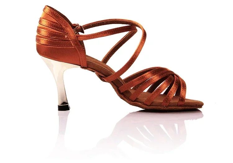 BD Girls Latin Dancing Shoe Dark Tan Satin Fabric Gold 3" Heels Women Rumba Chacha Samba Paso Doble Jive Dance Shoe 2324 5