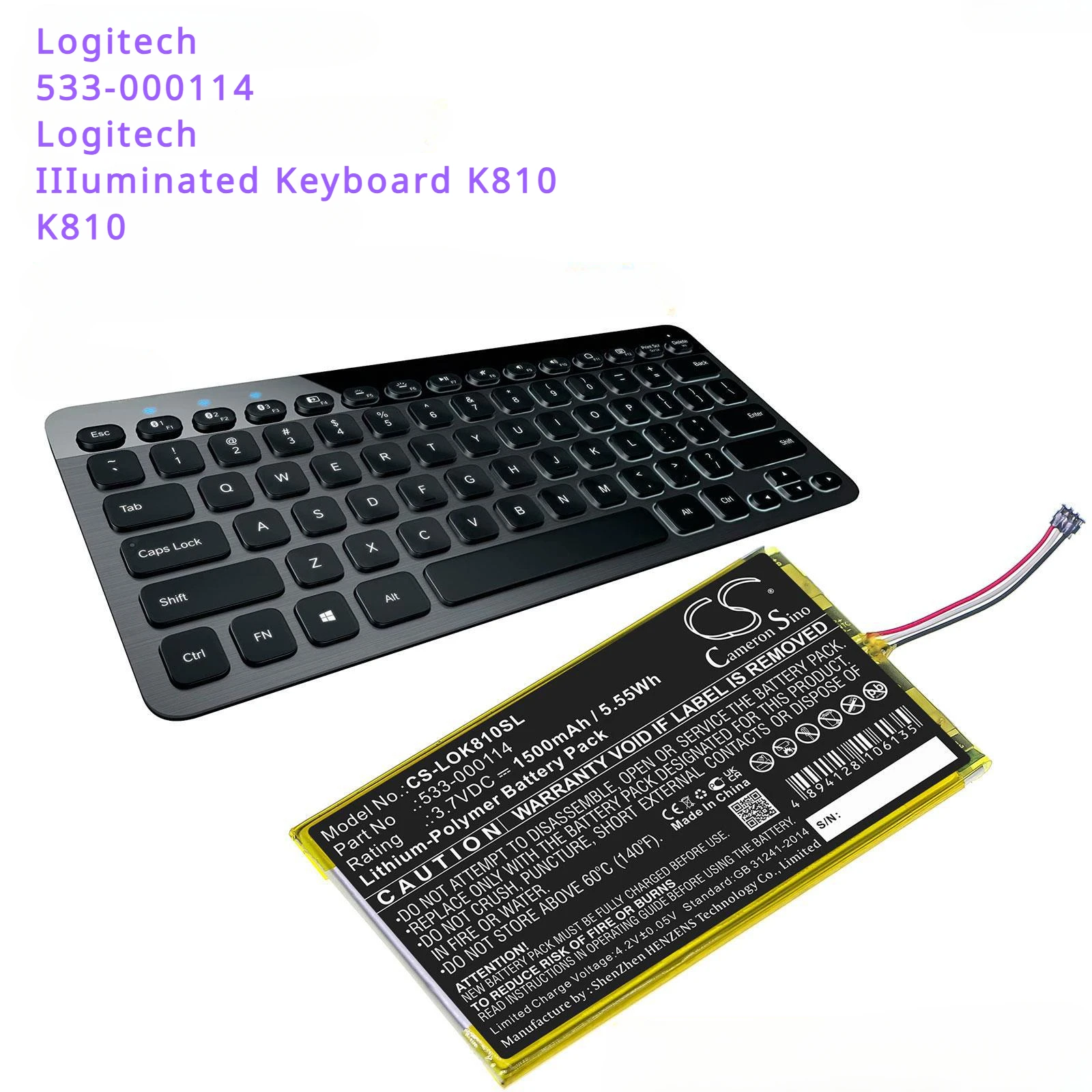 Аккумулятор для клавиатуры 1500 мАч 533-000114 для клавиатуры Logitech IIIuminated K810, K810