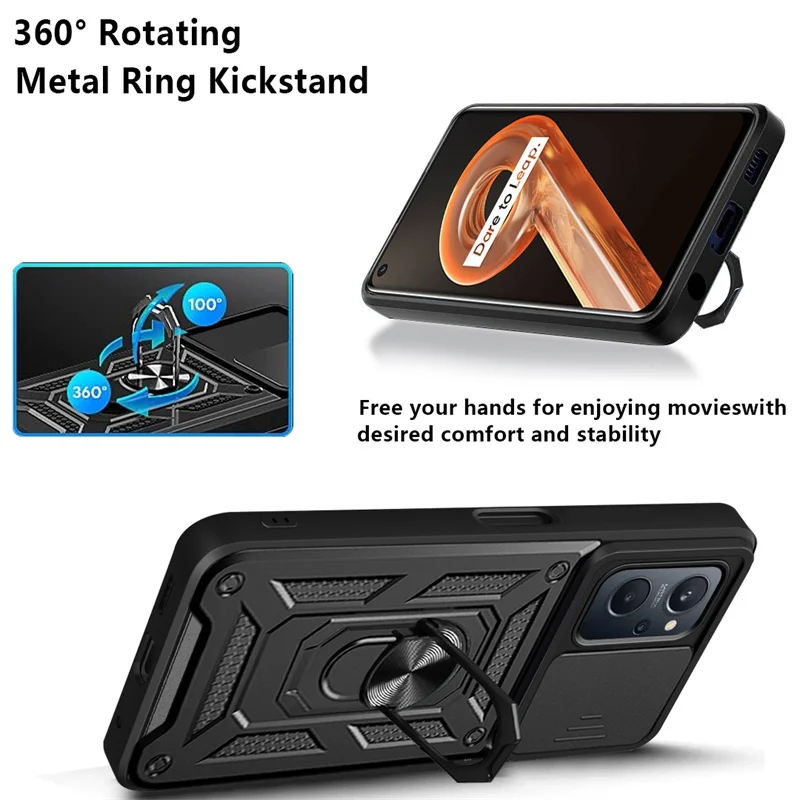 Realme9i RMX3491 6.6 케이스 슬라이드 카메라 렌즈 OPPO Realme 9i 9 i 갑옷 자석 링 킥 스탠드 뒷면 커버 용 전화 케이스 보호