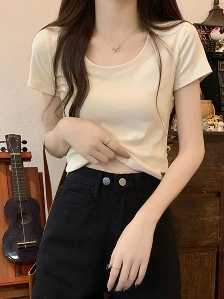 

Solid Cotton Women Low Round Neck Short Top Summer Collarbone Exposed Sweet LOOSE 2024 Casual Fashion A98