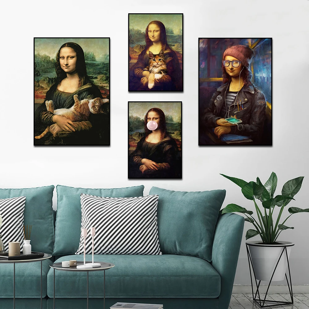 

Vintage Mona Lisa with Cat Canvas Painting Funny Posters and Prints Wall Art Pictures for Living Room Home Decoration Cuadros