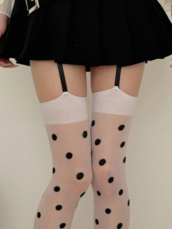 Japanese Style Sweet Lolita Polka Dots Thigh High Stockings White Thin Slightly Sheer Suspender Stockings Women's Overknee Socks