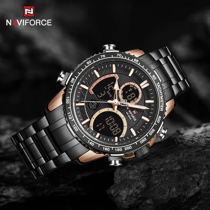 NAVIFORCE Mens Luxury Rose Gold Black Analog Digital Watches Fashion Luminous Wristwatch Steel Band Waterproof Male Chronograph