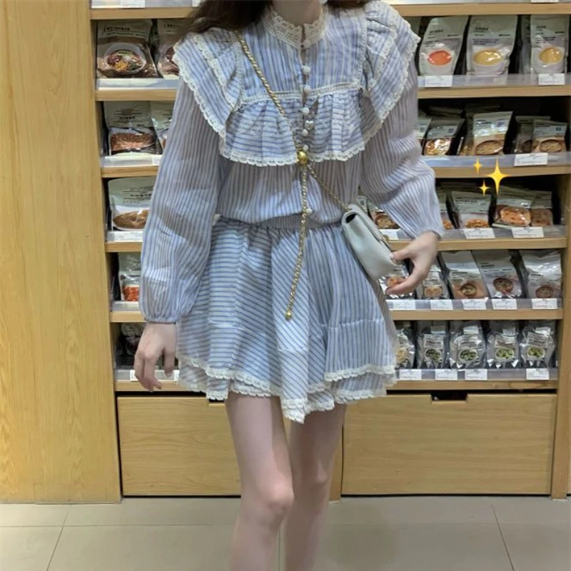 Women Dress Sets Ruffled Lace Splicing Striped Long Sleeve Dresses + High Waist Ball Gown Skirt Female Sweet Daily Two-piece Set hospital gown nursing dresses breastfeeding gown maternity sleepwear labor and delivery gown for hospital