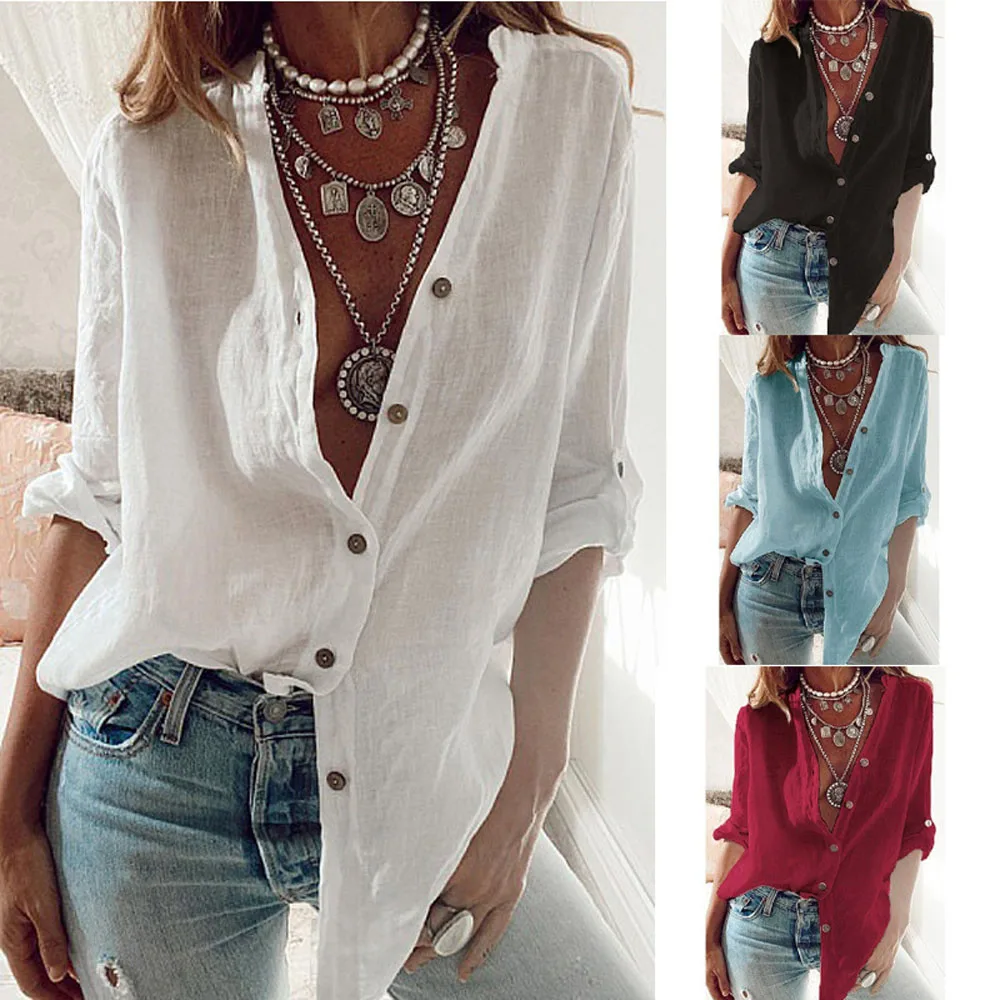 Women Loose Fit V Neck Long Sleeve Blouse