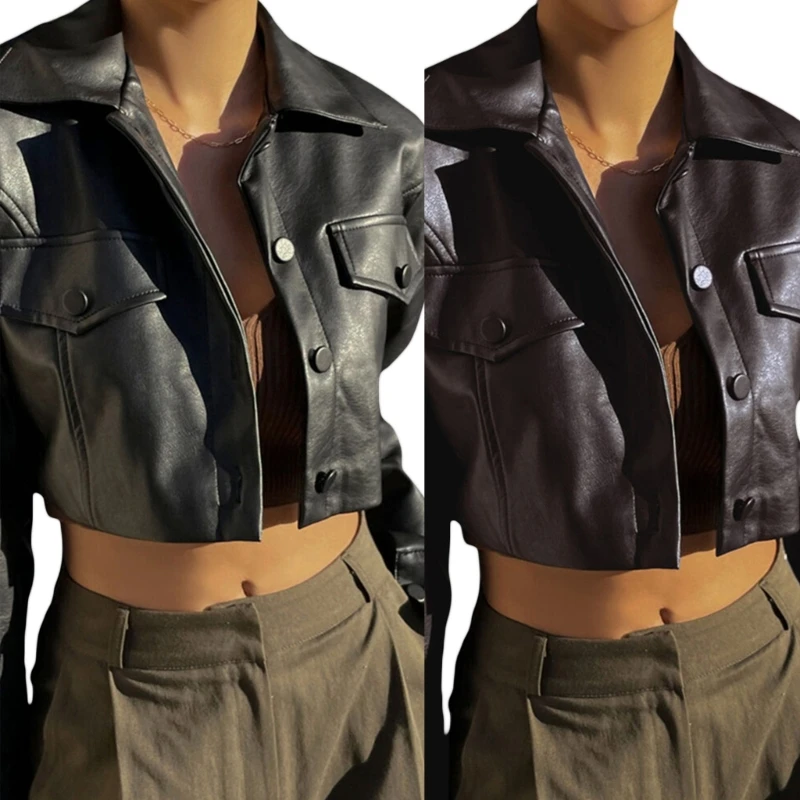 Womens Bike Coat PU Leathers Outwear Button Down Outfit Short Thin Female