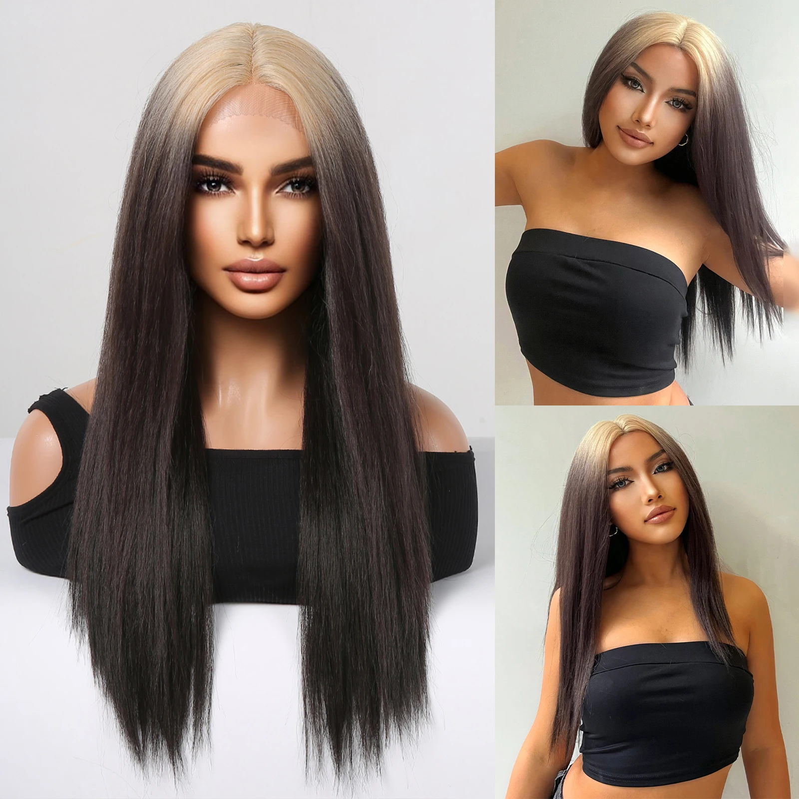 

Synthetic Lace Frontal Wigs Blonde Black Ombre Middle Part Wig Long Straight Lace Wig for Black Women Cosplay Hair High Density