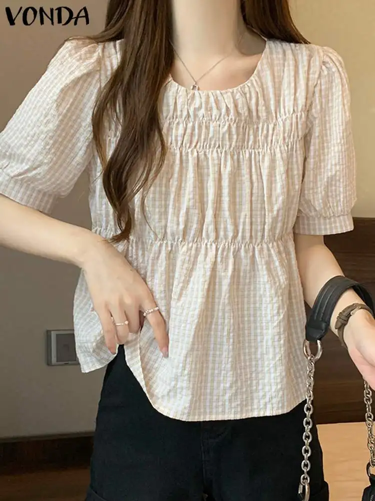 

Fashion Shirts 2023 VONDA Women Plaid Blouses Summer Tunic Tops Vintage Short Sleeve Pleated O Neck Casual Loose Blusas Femme