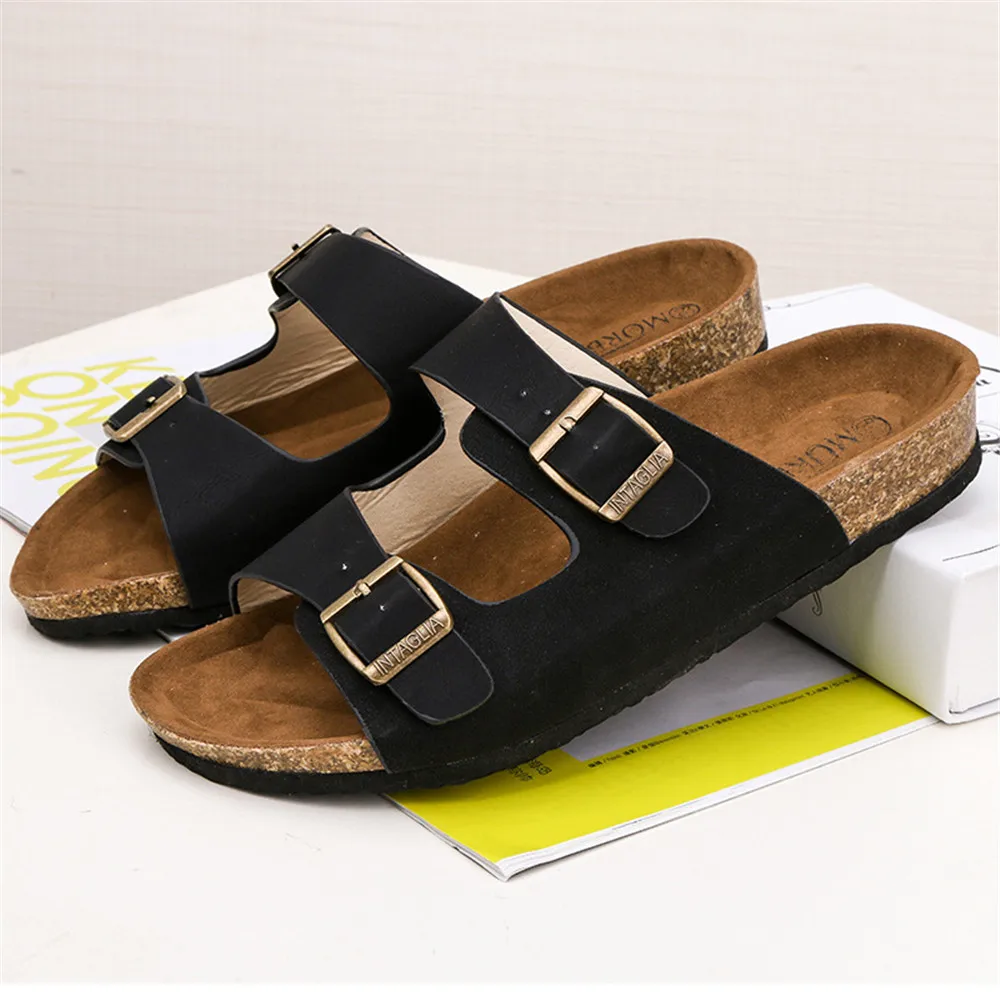 

2022 New Summer Men's Cork Slippers Flats Flock Mule Clogs Sandals Soft Male Two Buckle Beach Slides Footwear For Men Shoe Black