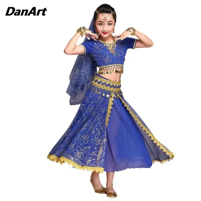 Children's Performance Clothing Indian Dance Sari Costume Girl's Competition Dance Practice Wear Suit New Kid Bollywood Dress