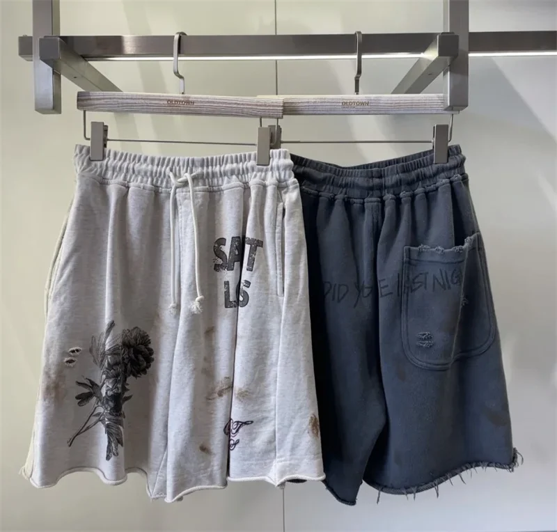 24ss Washed Blue SSSAINT LOUIS Shorts For Men Women 1:1 Best Quality Vintage Sketch Drawstring Shorts