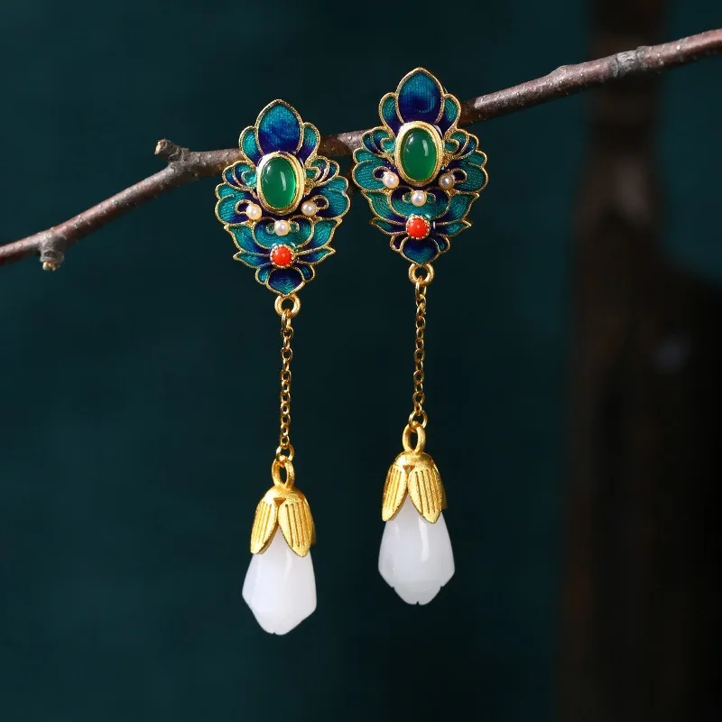 Chinese Trend Gold-plated Imitation Jade Pendant Jewelry Women's Vintage Enamel Earrings Palace Ethnic Style Accessories
