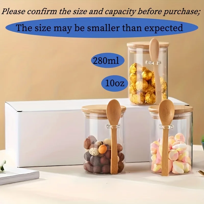 280ml Candy Jar, Biscuit Jar, Glass Storage Jar With Sealed Bamboo Lid And Spoon - 10oz Transparent Glass Bulk Food Storage Jar 4