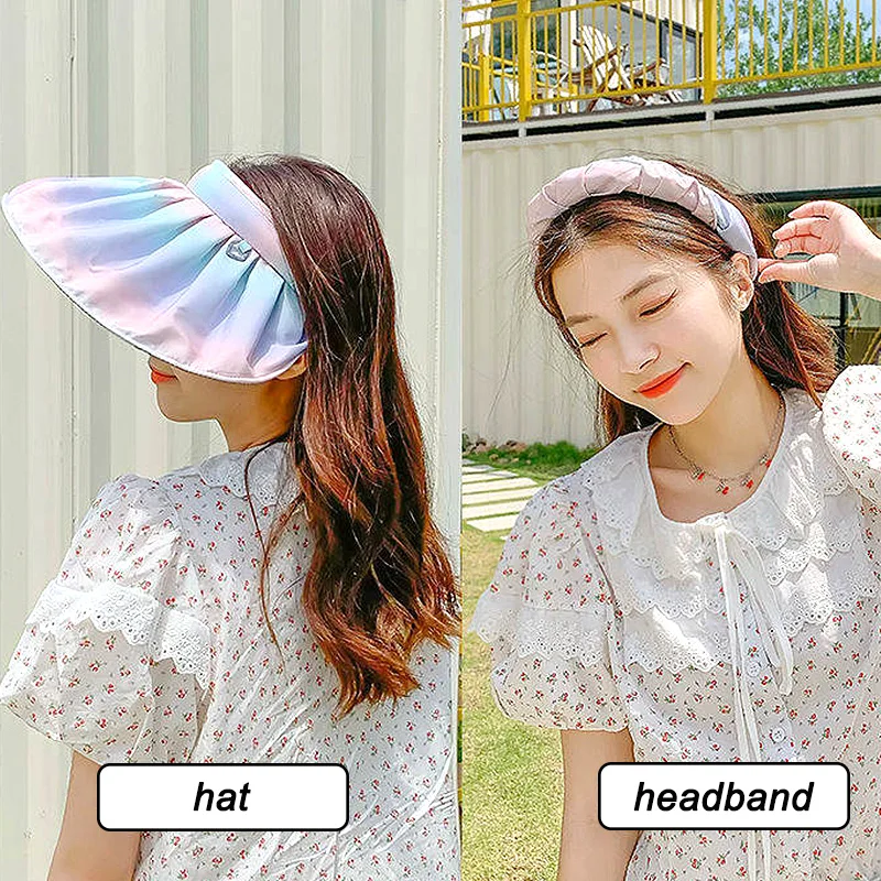 

Summer Wide Brim Sun Cap Women Foldable Portable Dual-use Hair Bands Bucket Caps Outdoor Uv Protection Gradient Shell Beach Hats