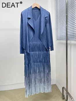 DEAT-معطف نسائي مطوي وفستان شرابة مقسم ، ستايل أنيق ، لون سادة ، قماش فضفاض نسائي ، جديد ، خريف ، 15KB4703 ، طقم 2 قطعة ، 2023 1