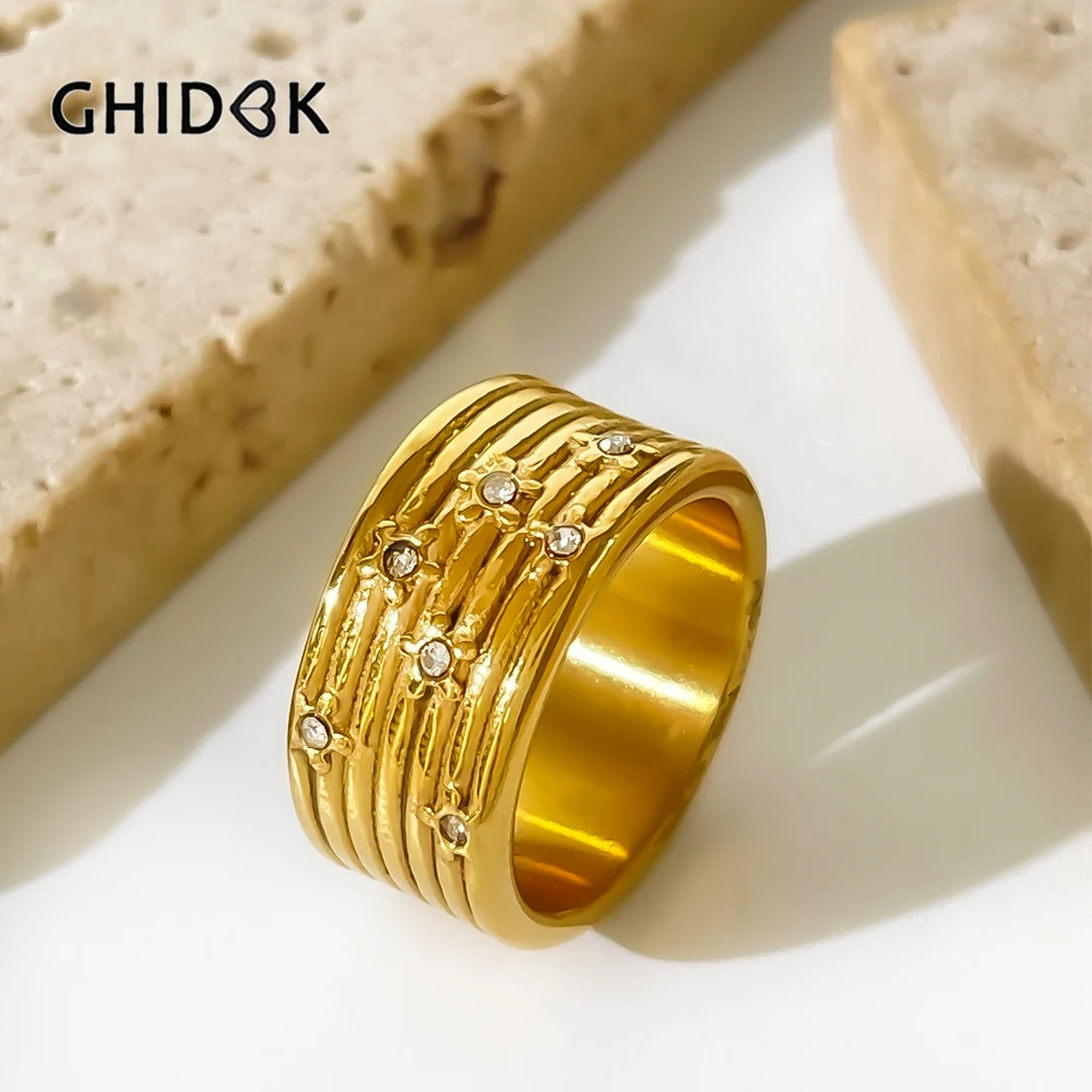 GHIDBK, нержавеющая сталь, золото, Pvd, покрытое Фианитами, маленький цветок, широкое кольцо для женщин, штабелируемые кольца, ювелирные изделия, не выцветают