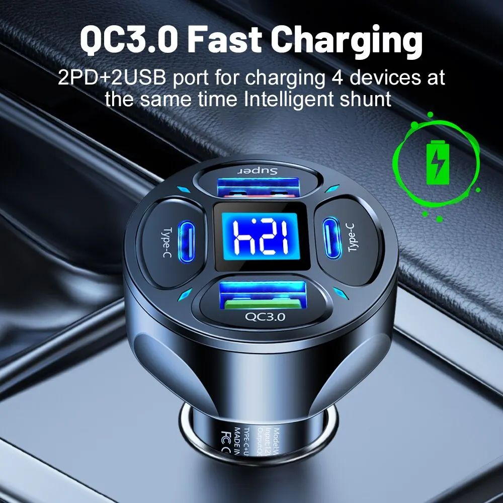 66W 4 Ports USB Car Charger Fast Charging PD Quick Charge 3.0 USB C Car Phone Charger Adapter For iPhone 13 12 Xiaomi Samsung