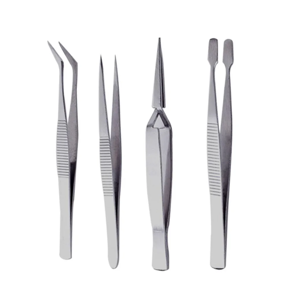 4pcs Stainless Steel Tweezers Thickened Precision Industrial Tweezers Dressing Straight Bent Clip Repair Hand Tool
