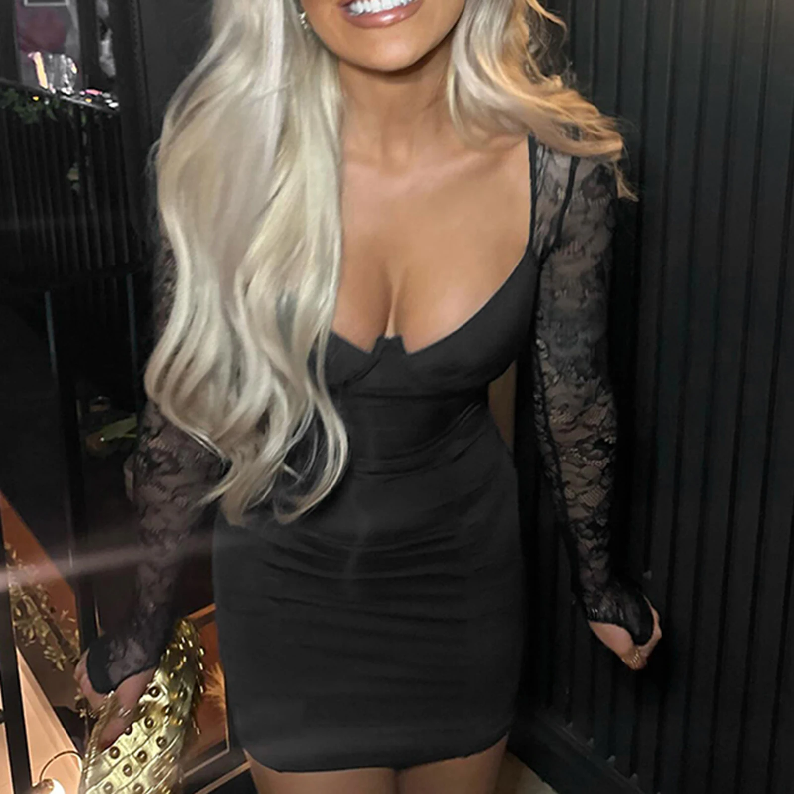 

Women's Mini Bodycon Dress Slim Fit Sweetheart Neck Patchwork Lace Long Sleeve Dress with Thumb Holes