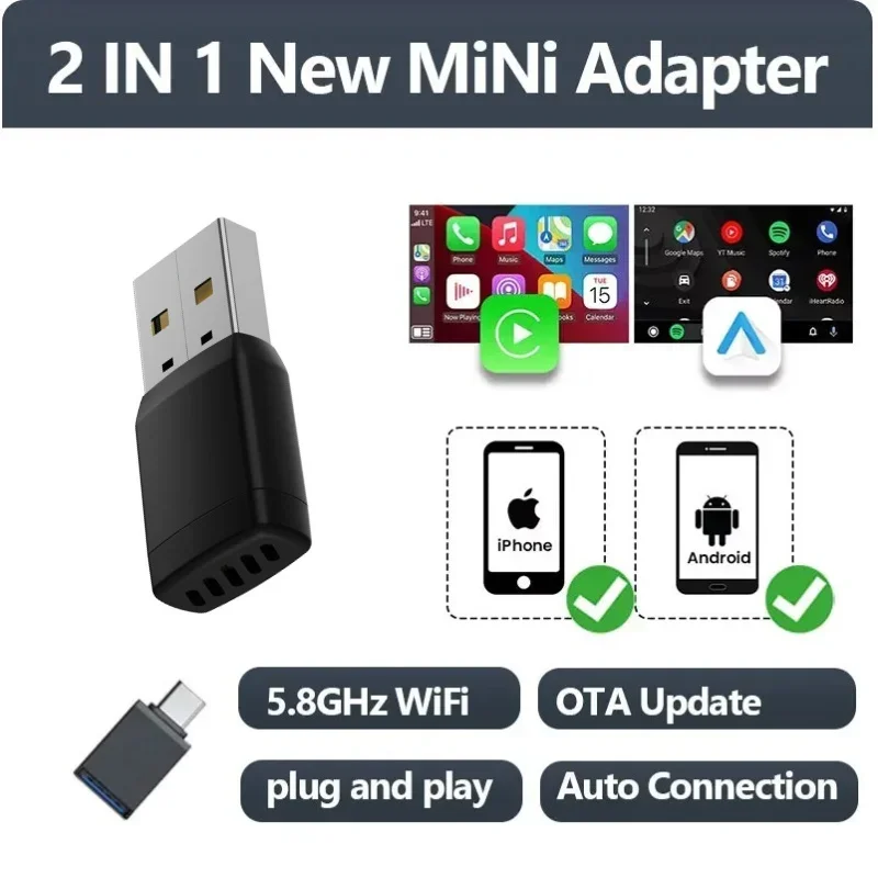 Mini Adattatore Wireless CarPlay Android Auto Wireless Dongle Wifi 5.8G Auto Connect Box Per iPhone Telefono Android Per Volvo Benz VW