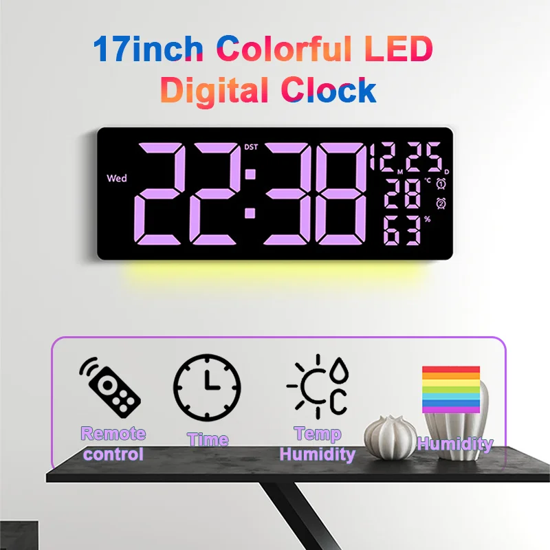 17" RGB Digital Alarm Clock LED Wall Clock with 11Colors&Dynamic RGB Display/Colour Changing/Night Light/Dual Alarm/Auto Dimming digital wall clock smart led wall clock