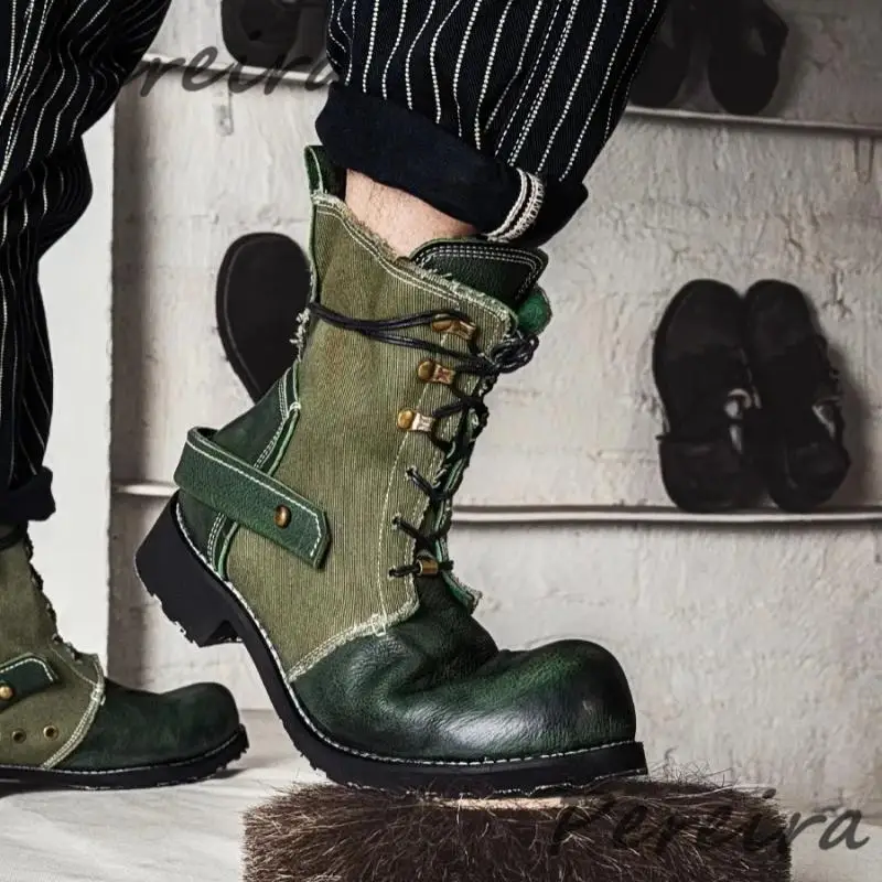 

Street Style Round Toe Men's Boots Vintage Cowhide Lace-Up Ankle Boots Green Fashion Canvas Genuine Leather Breathable Shoes