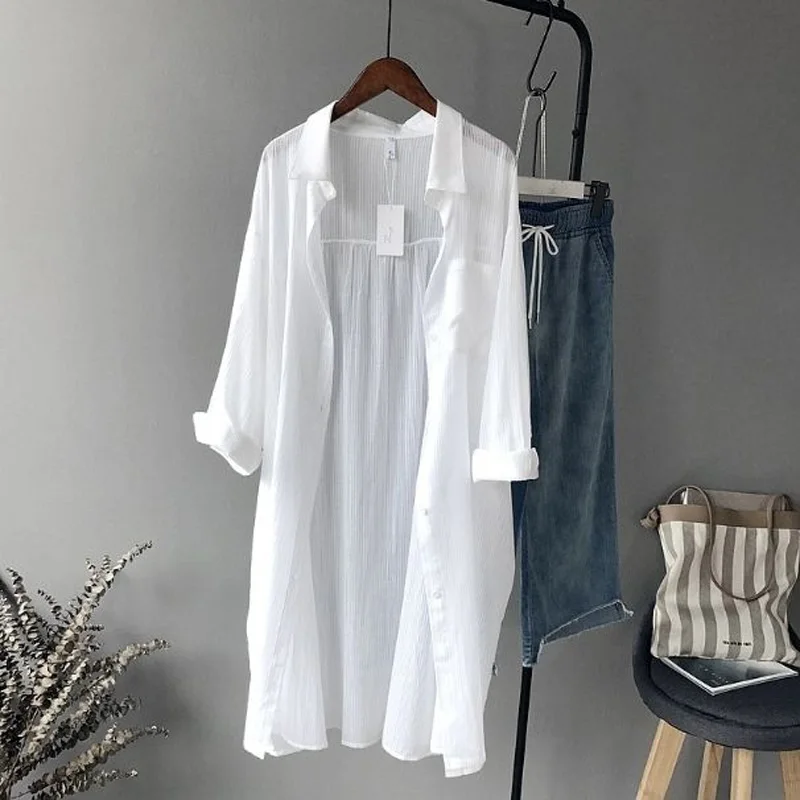 2023 New Spring and Summer BF Style Lapel Solid Single Breasted Thin Sun Protection Long Sleeved Loose Casual Women's Shirt
