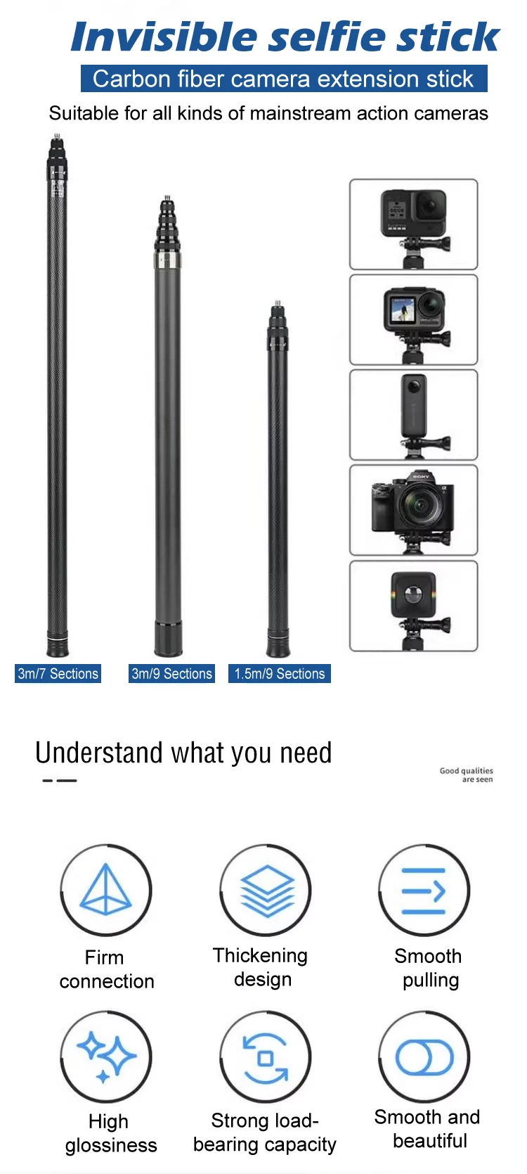Stick, Tripé Extensível, Edição Estendida, Invisível, Go Pro, 3m, Insta360, X3, X2