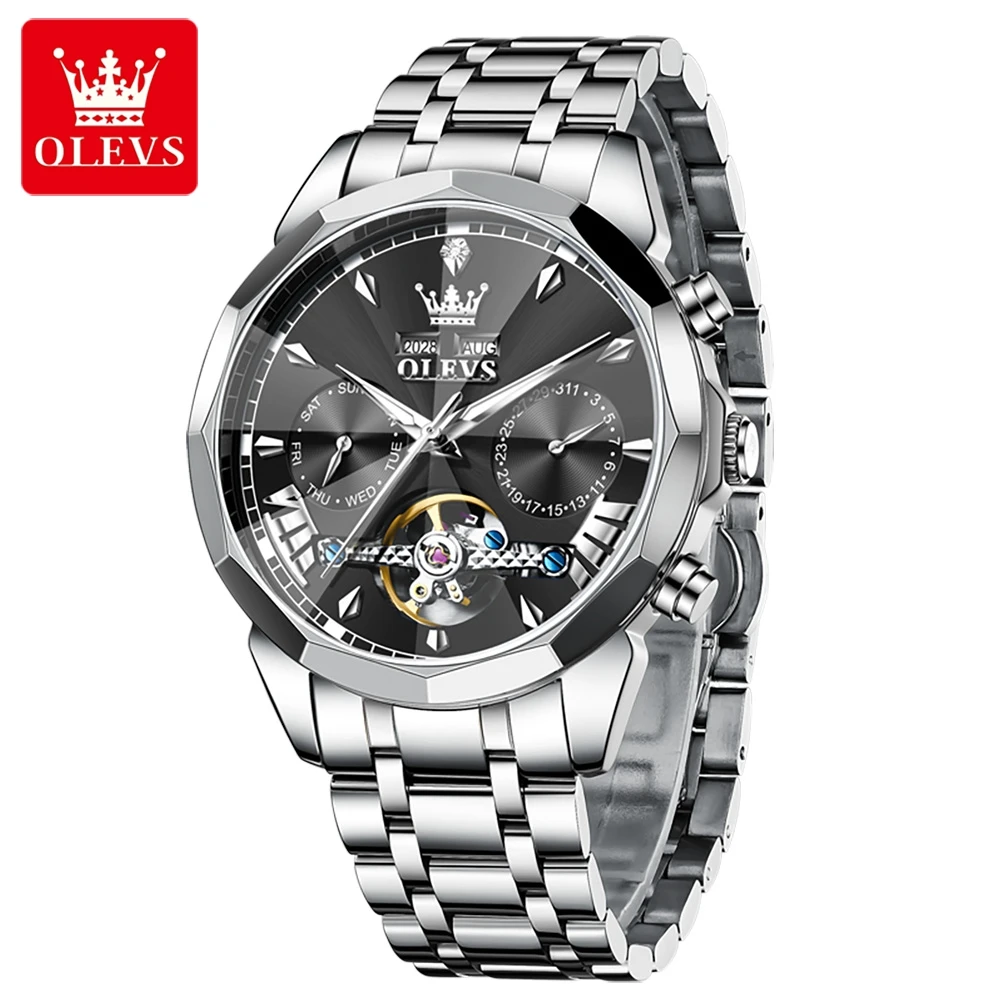 OLEVS 6619 Mechanical Watch For Men Auto Date Rhombus Mirror Hollow Luxury Man Watches Waterproof Luminous Fashion Wristwatch