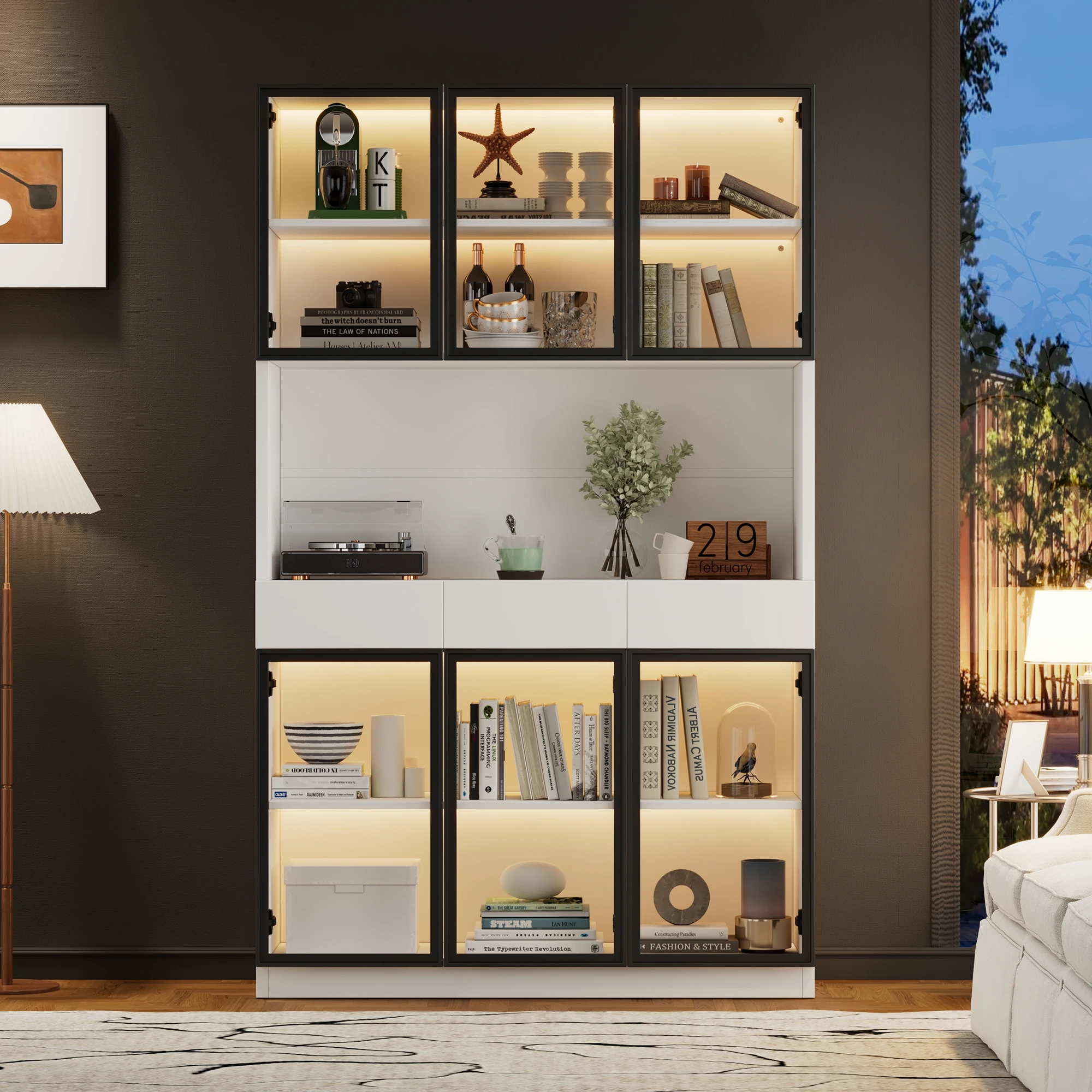 200 cm hoher weißer Vitrinenschrank mit LED, Glastüren (schwarzer Rahmen), Bücherregal mit mehreren Staufächern – Detail 25