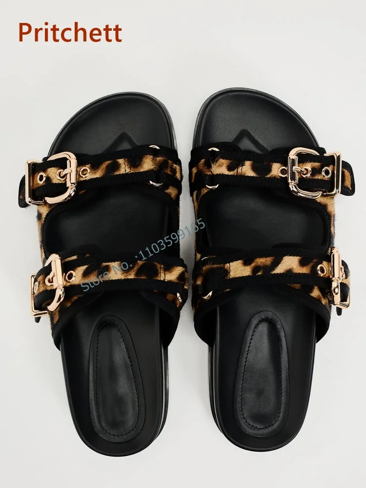 Leopard Print Buckle Decoration Slippers Round Toe Black Bordered Flat with Slip On Shoes Comfortable Outdoor Concise Shoes