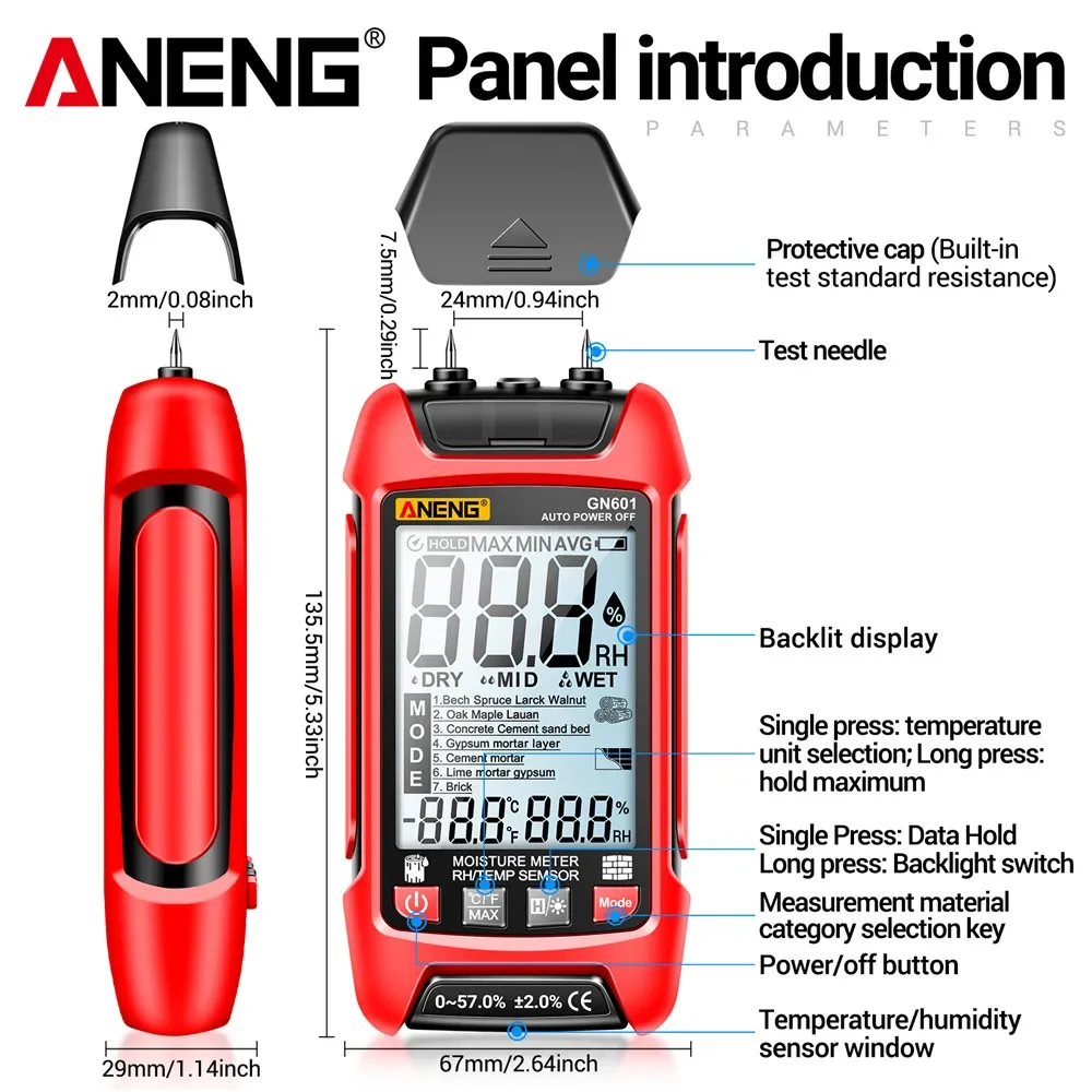 Wood Moisture Meter ANENG GN601 Multiscene Measure 0~99.9% Display
