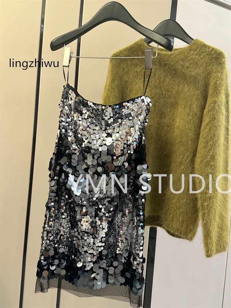 

lingzhiwu Shiny Sequins Skirt Party Style Irregular Beauty Art Thin Bling Handmade Skirts New Arrival