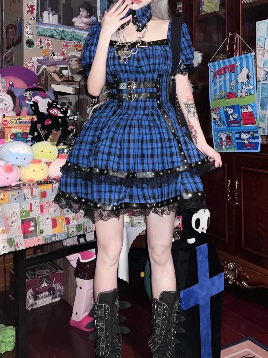 

New Style Goth Fashion Women Dress Slim Pullover Square Neck Lace Up Lattice Patchwork Gothic Punk Ladies Dress For Summer