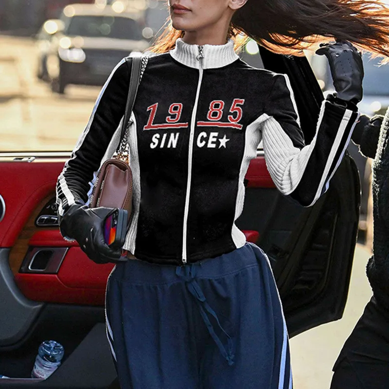 ROAONOCOMO Women Y2K Zip Up Jackets Stand Collar Slim Fit Tracksuit Long Sleeve Racing Jacket Sweatshirt Blokecore Streetwear
