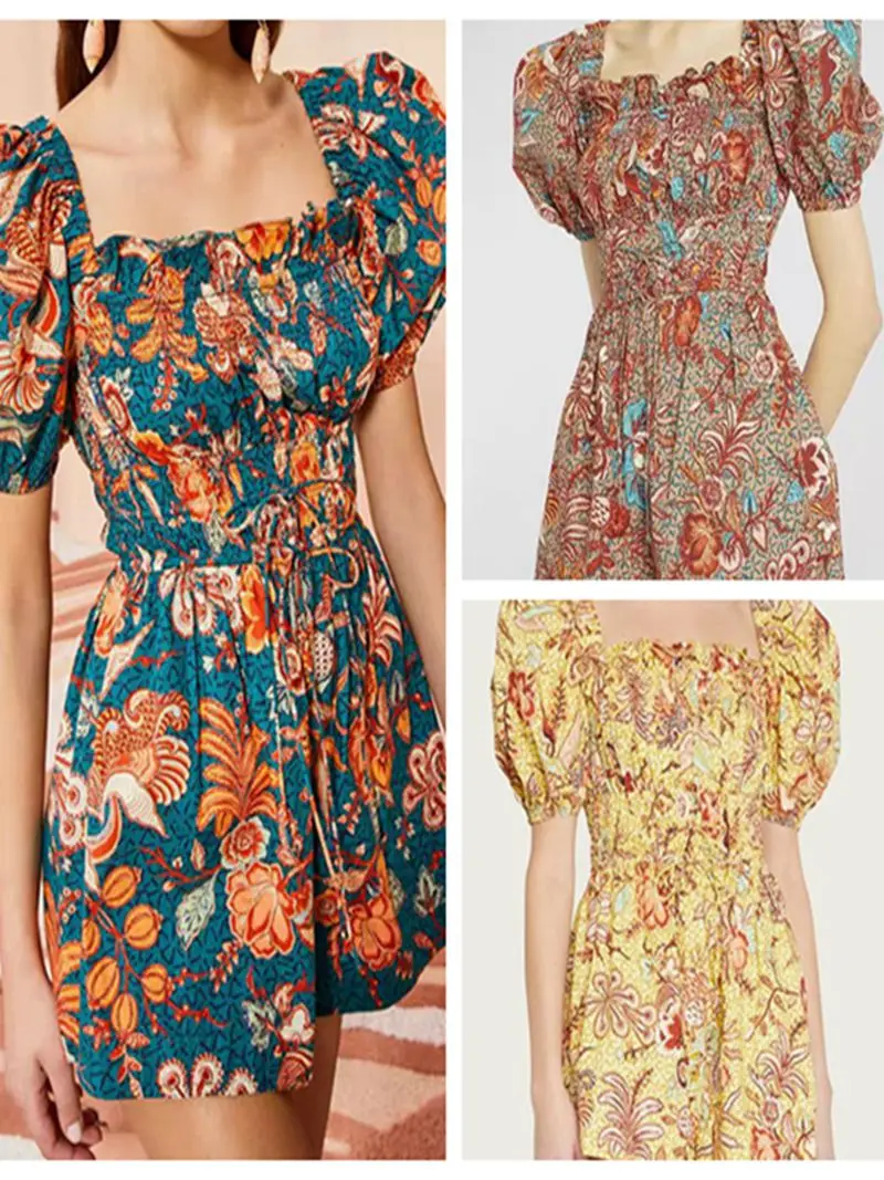 

Jumpsuit for women civilian style bubble sleeves square collar backless women pure cotton, small floral casual pants and skt