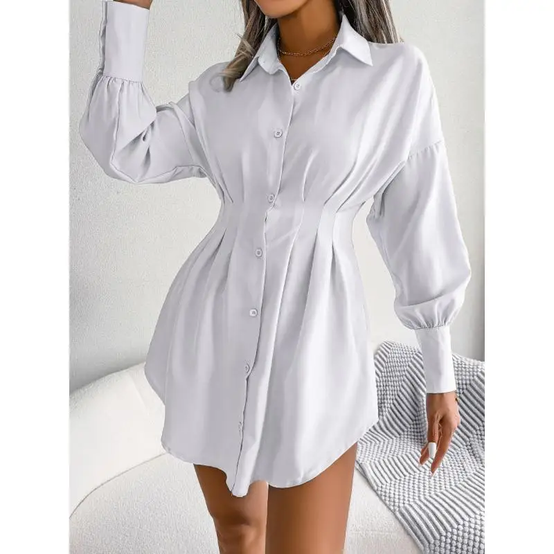 Women's Fashion Lantern Sleeve Waist Long Shirts Spring Summer Lady Office Lapel Button Long Sleeve Solid Color Shirt Mini Dress 4