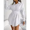 Women's Fashion Lantern Sleeve Waist Long Shirts Spring Summer Lady Office Lapel Button Long Sleeve Solid Color Shirt Mini Dress 4