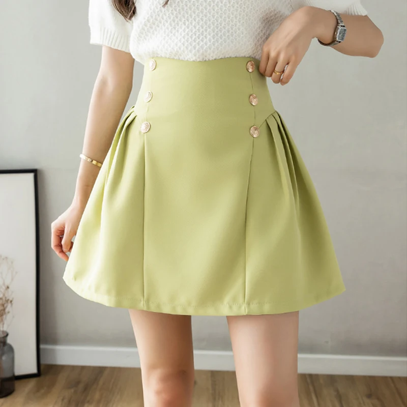 

Metal Buttons Mini Skirt Summer Women Folds High Waist A-line Short Puffy Skirts Vintage Harajuku Skirt Office Lady Slim N614