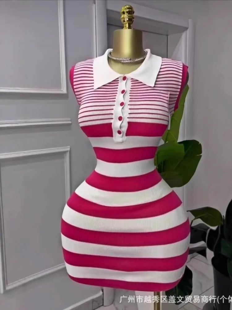Wmstar Dress Women Wholesale Striped Mid Length Skirt Lapel Sleeveless Slim Fit Knitted Button New in Summer Dress Drop Shopping