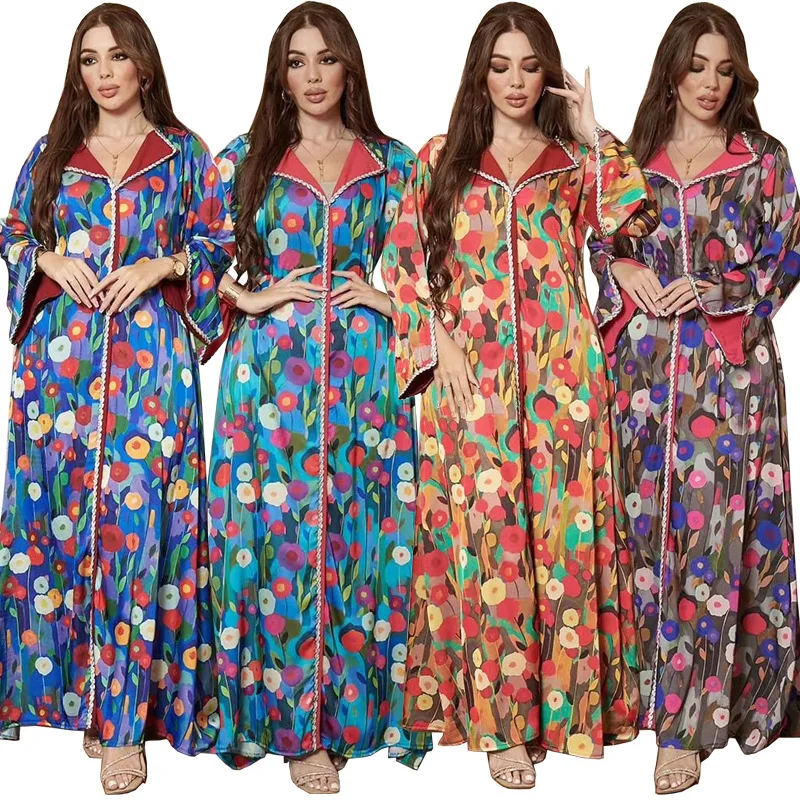 Fashion Printing Moroccan Women Jalabiyat Chic Rhinestone Full Sleeve V-Neck Elegant Turkish Long Dress for Female Muslim Dress