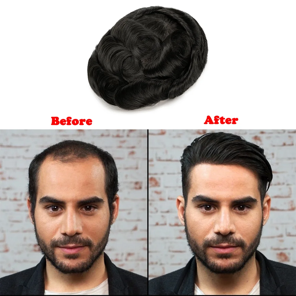 Men Toupee 0.03mm Thin Skin Invisible Human Hair System Male Wig Natural Hairline Men Wig Capillary Prosthesis Bald Hairpiece 4