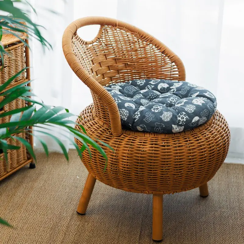 Home Rattan Woven Chair Small Chair for Balcony and Living Room Tatami Low Backrest Single Round Adult Woven Stool